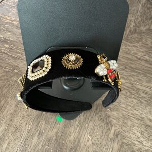 Chunky, Elegant Black Bejeweled Bee Headband with Gold and Pearl Accents